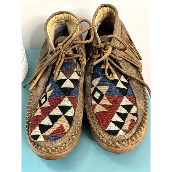 Twisted X Boots Bomber Tribal Pattern Leather Fringe Moccasin Size 6.5 - Picture 12 of 15